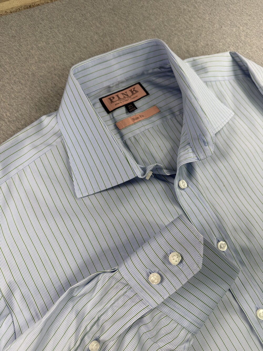 Thomas Pink Slim Fit Dress Shirt 16 1/2 Blue Green Stripe Cotton
